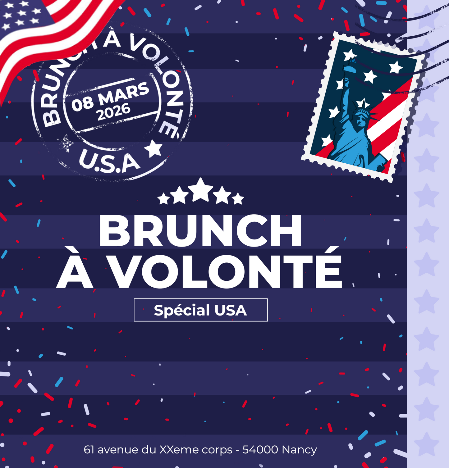 🇺🇸🥞 Brunch à volonté Spécial USA – Dimanche 08 mars 2026 🇺🇸🥞